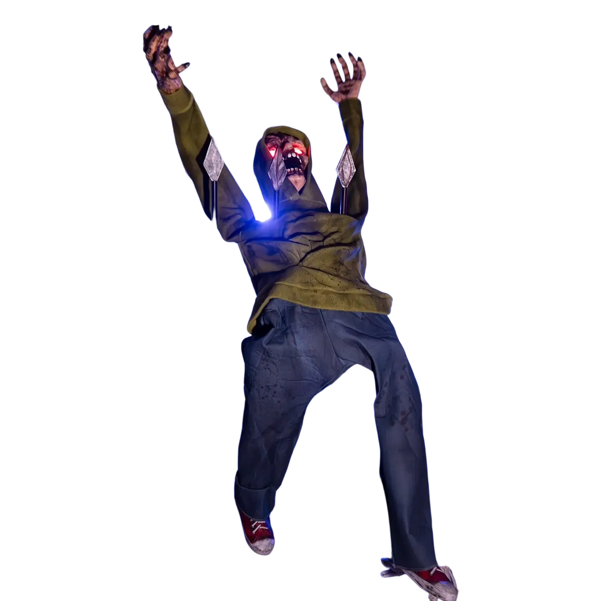 Animated zombie fence breaker halloween decoration with glowing red eyes and tattered olive-green clothing