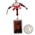 Red and black beaded anime beaded Y2k acrylic keychain with clear charm and silver dice, sword, and spiral charms