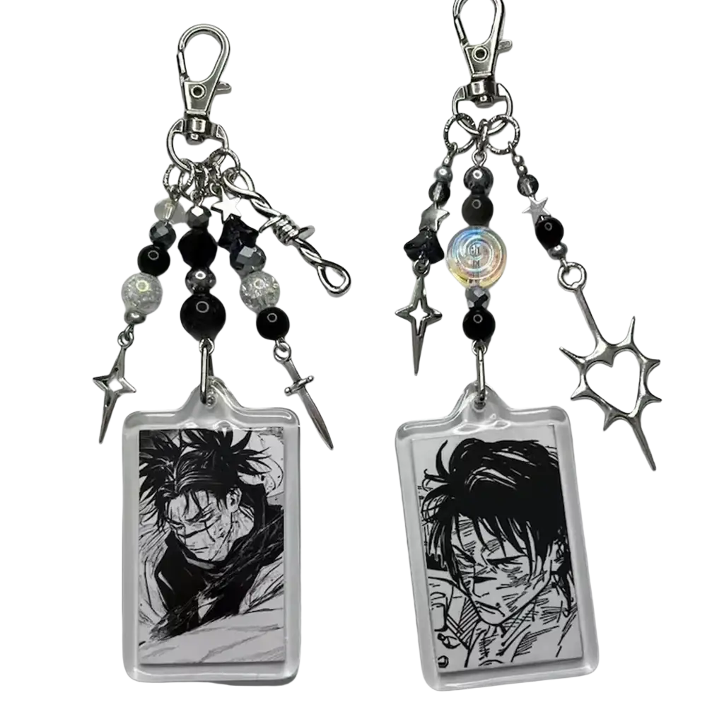Black and silver anime beaded y2k acrylic keychains with clear acrylic photo frame charm designs