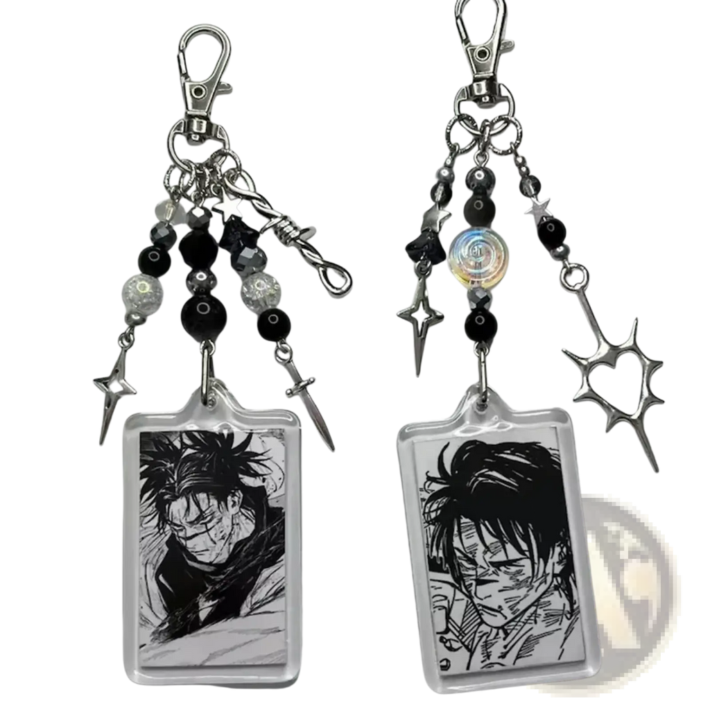 Black and silver anime beaded y2k acrylic keychains with clear acrylic photo frame charm designs