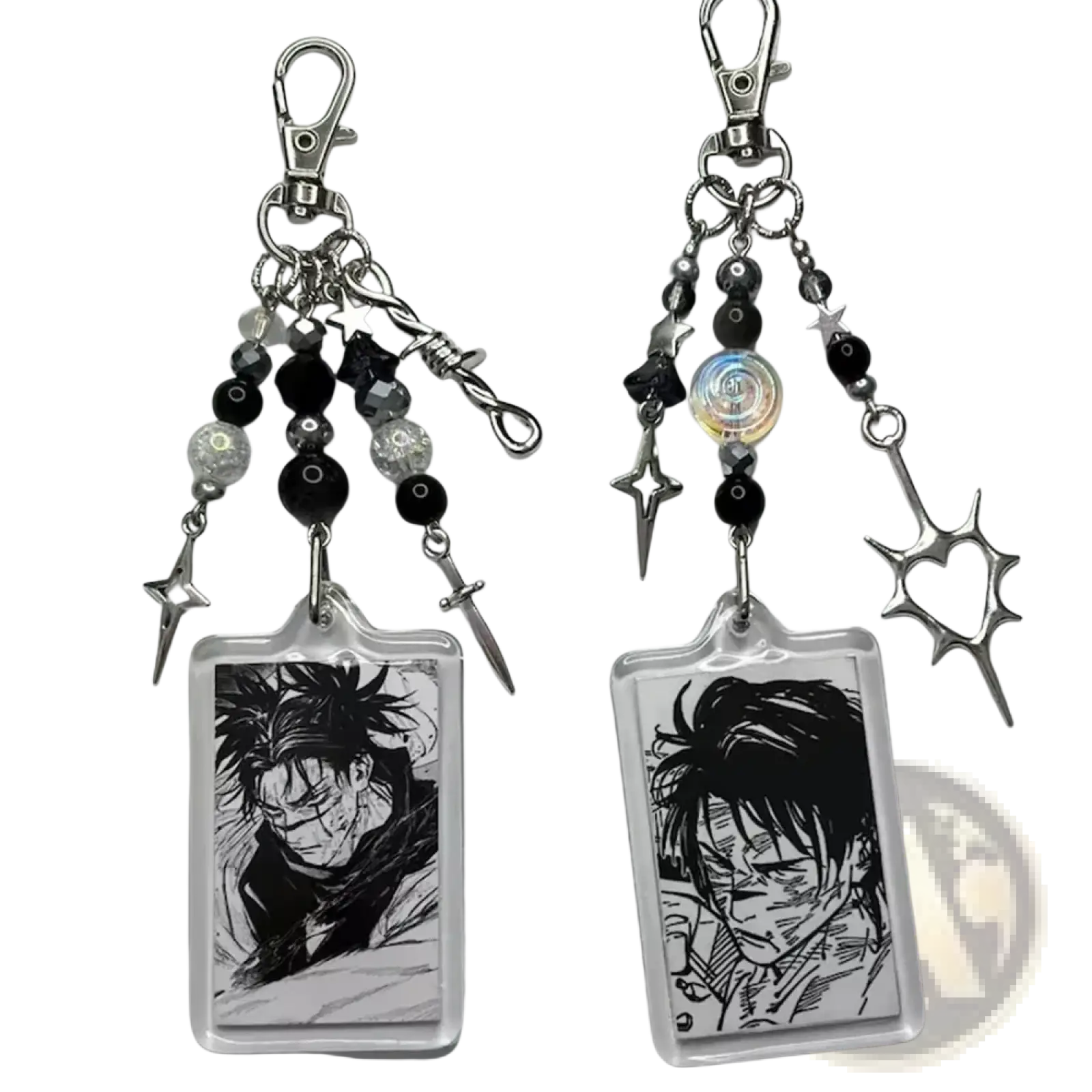 Black and silver anime beaded y2k acrylic keychains with clear acrylic photo frame charm designs