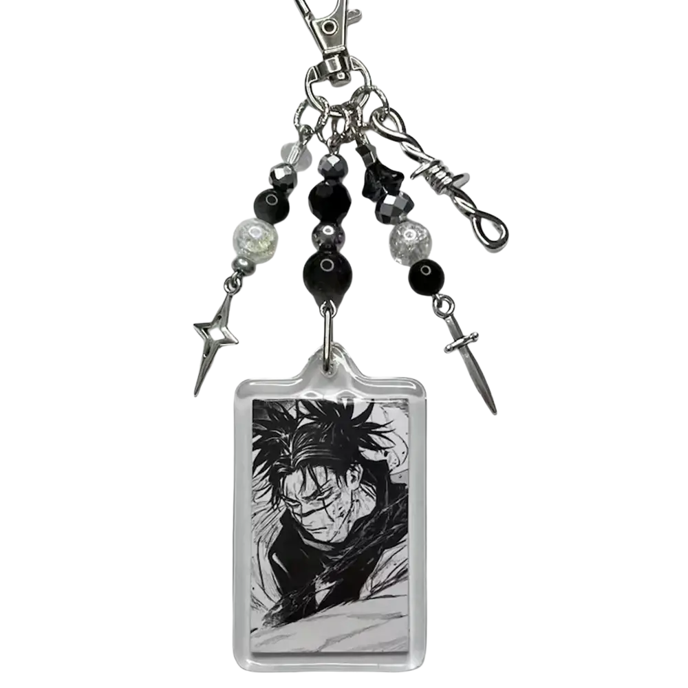 Clear acrylic anime beaded Y2k keychain with black-and-white character illustration and silver metal dagger charms