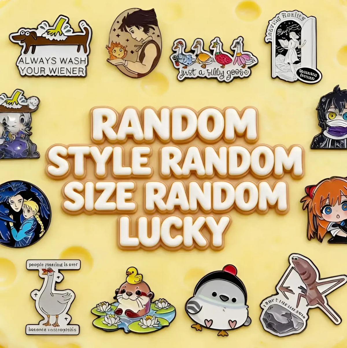 A collection of colorful cartoon-style enamel pins with humorous phrases featured in anime beaded y2k acrylic keychain