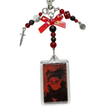 Red and black beaded anime beaded Y2k acrylic keychain with clear charm and silver dice, sword, and spiral charms