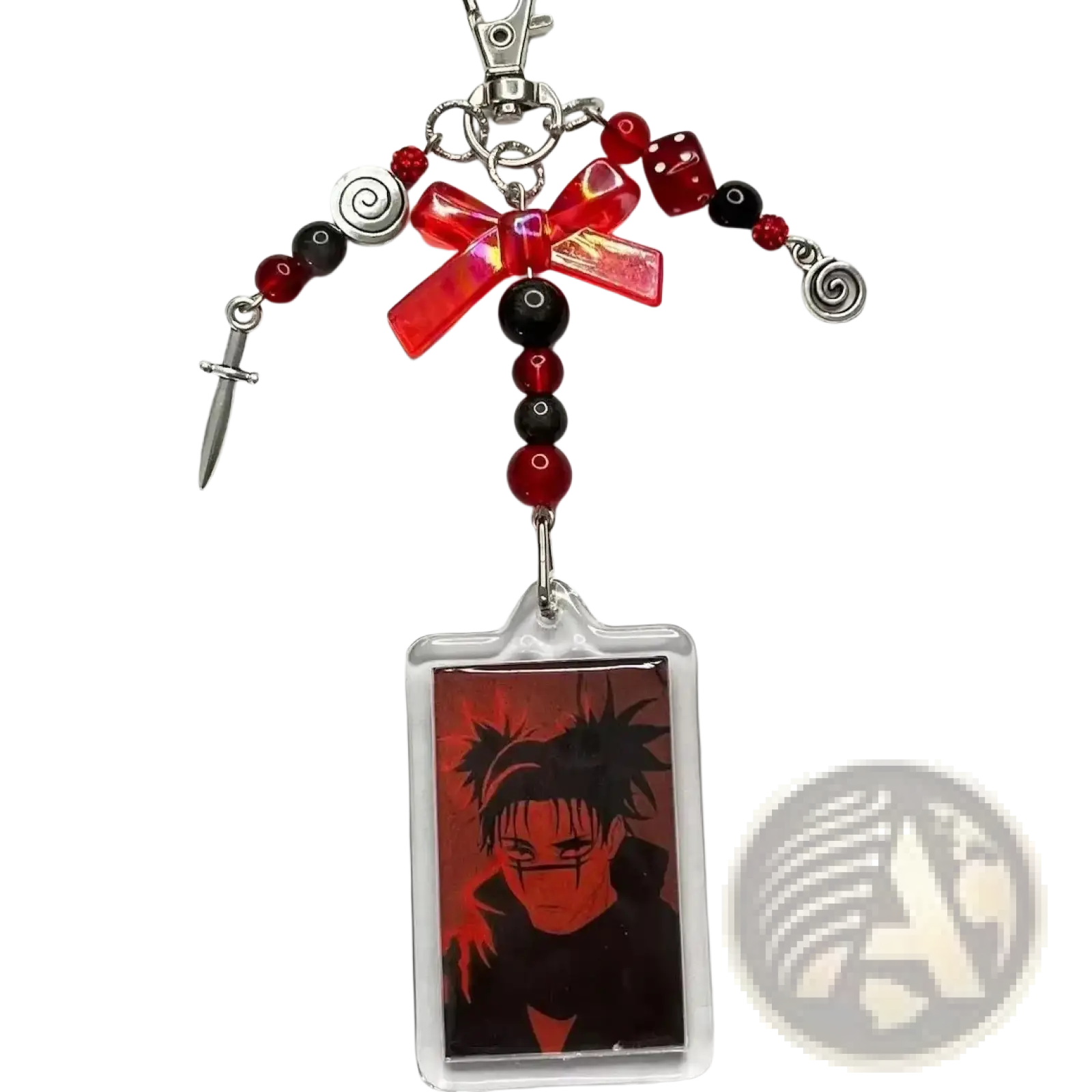 Anime beaded y2k acrylic keychain featuring red and black beads, translucent red bow, silver spiral charms, dice, dagger, and anime portrait