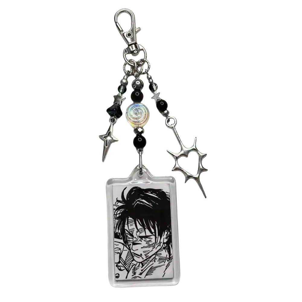 Silver-toned anime beaded Y2k acrylic keychain with a clear card featuring black-and-white character and star charms