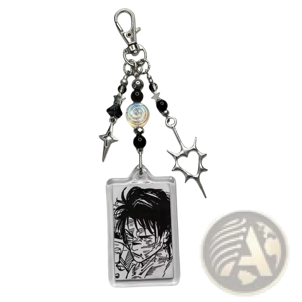Silver-toned anime beaded Y2k acrylic keychain with a clear card featuring black-and-white character and star charms