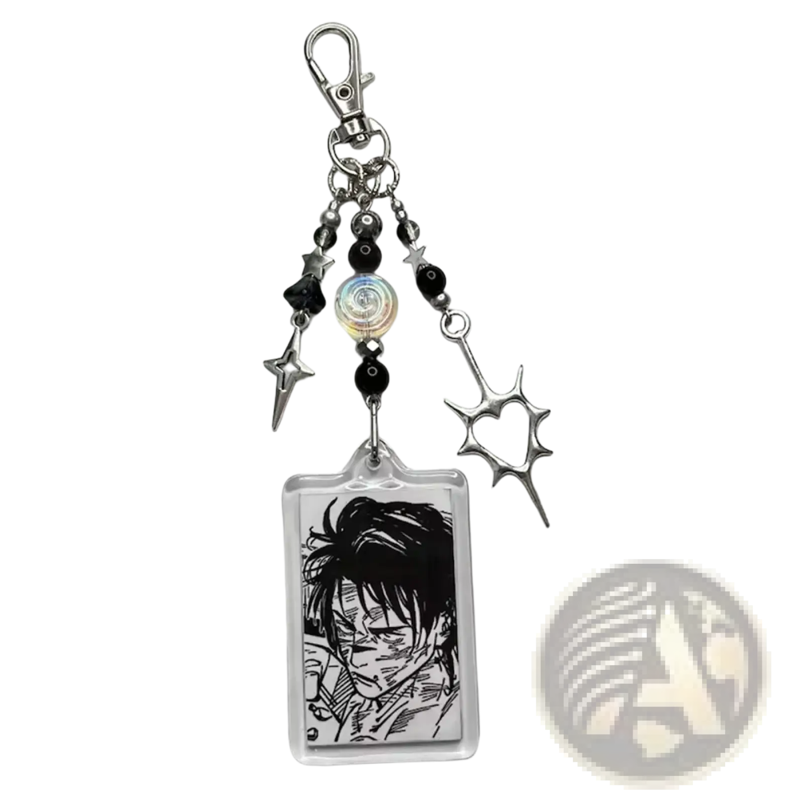 Silver-toned anime beaded Y2k acrylic keychain with a clear card featuring black-and-white character and star charms