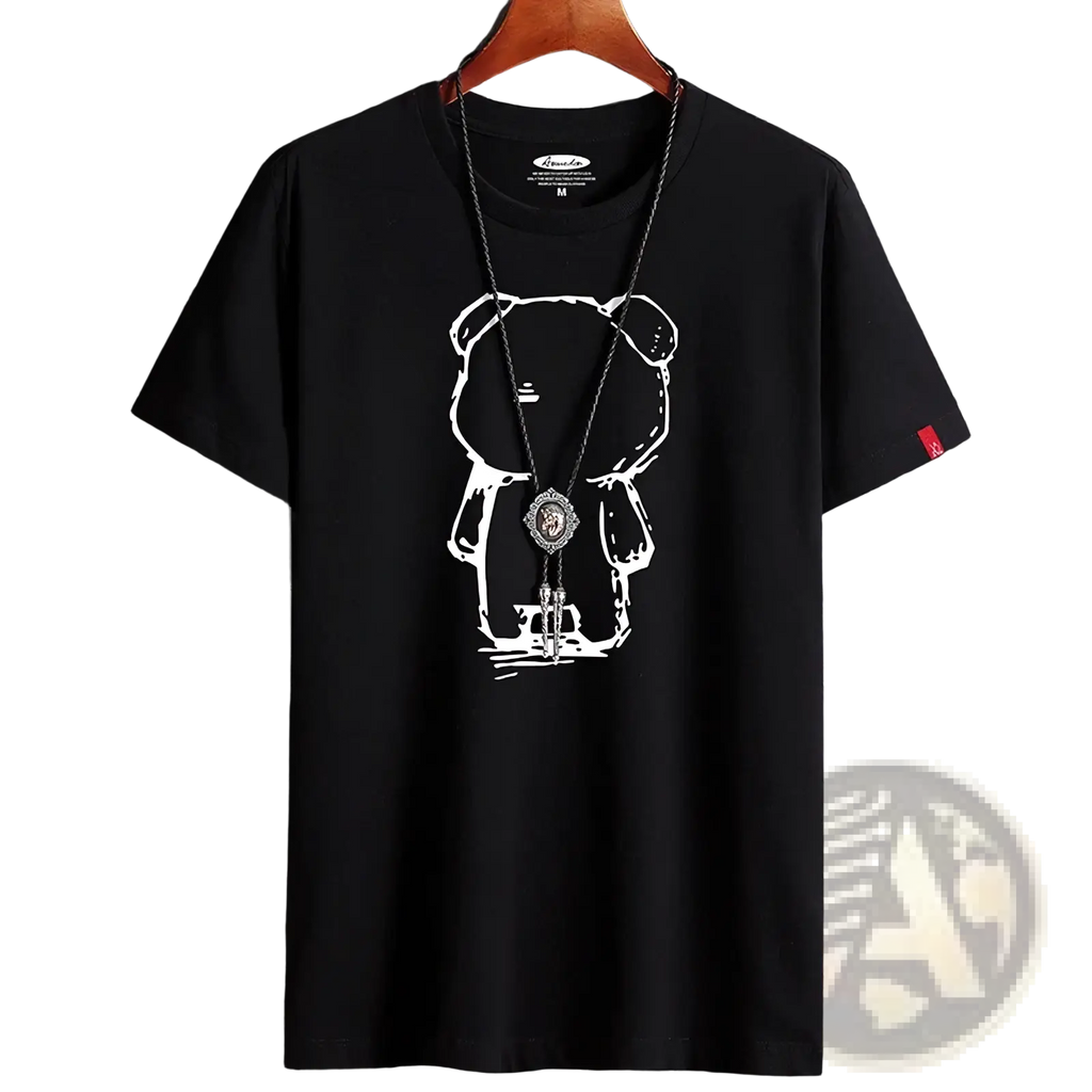 Black cotton oversized t-shirt featuring a white line-art anime bear graphic with one eye closed on a wooden hanger
