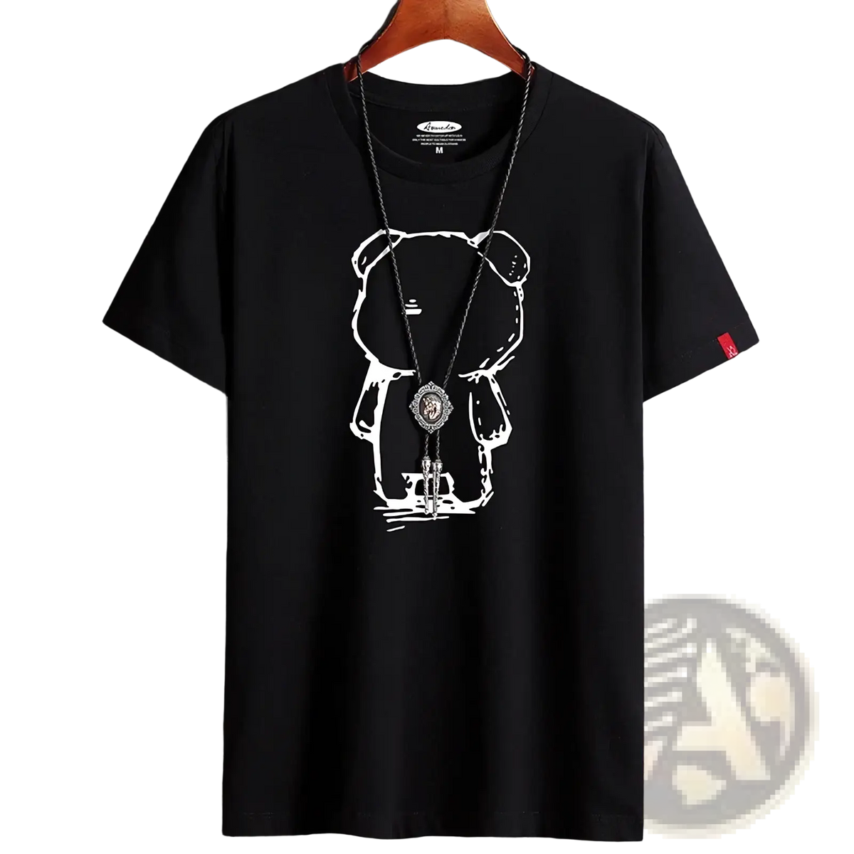 Black cotton oversized t-shirt featuring a white line-art anime bear graphic with one eye closed on a wooden hanger