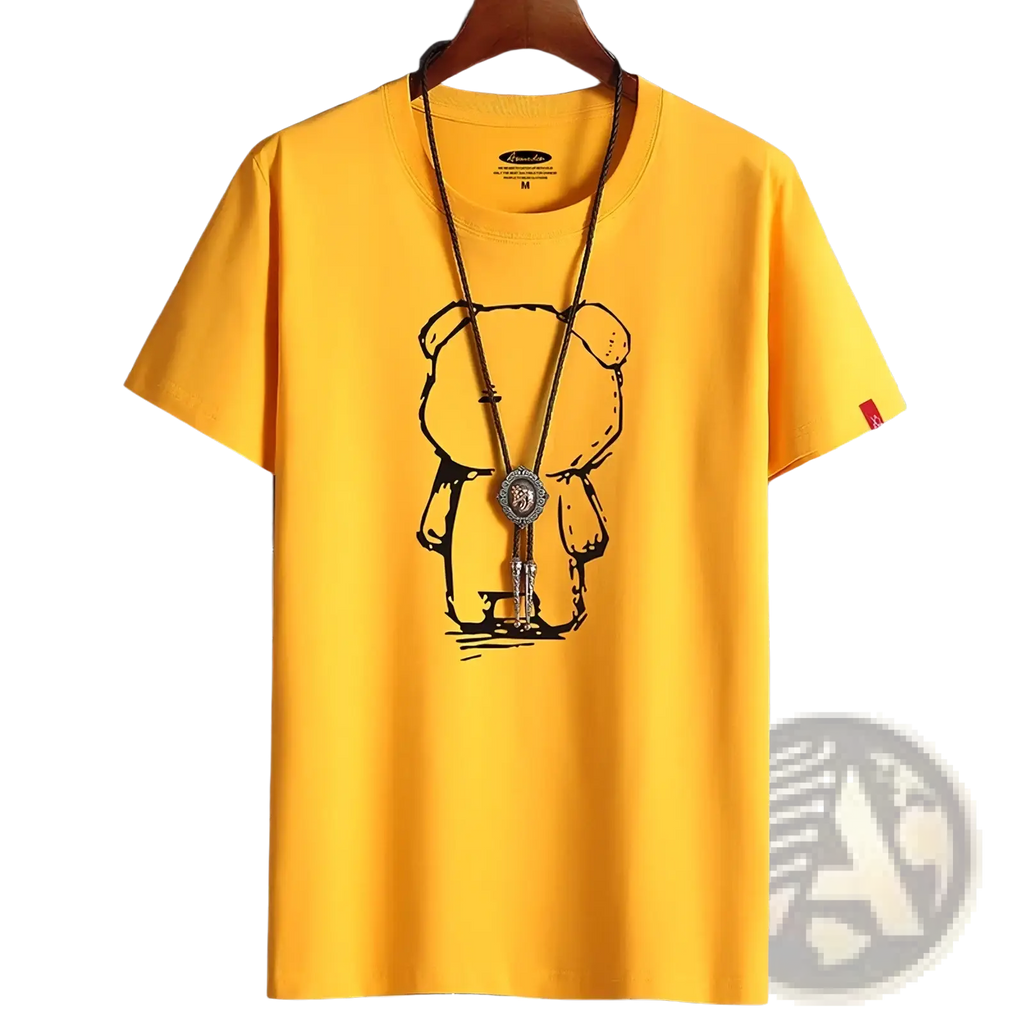 Bright yellow oversized cotton t-shirt featuring a black line-art cartoon bear graphic holding a small object