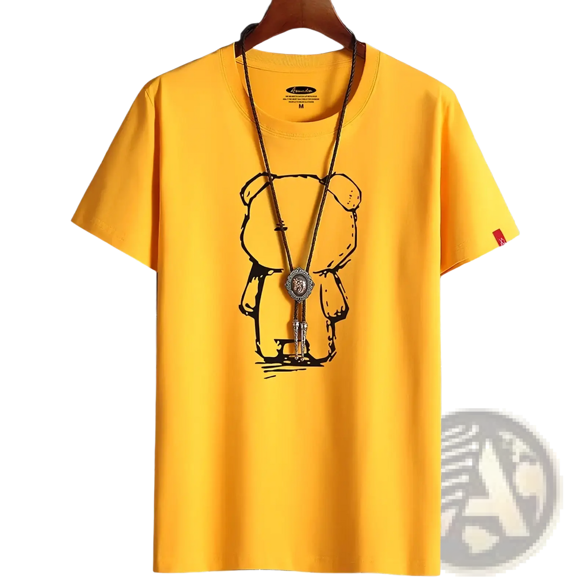 Bright yellow oversized cotton t-shirt featuring a black line-art cartoon bear graphic holding a small object