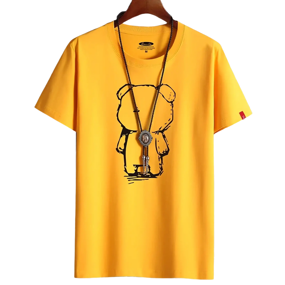 Bright yellow oversized cotton t-shirt featuring a black line-art anime bear graphic holding a small object