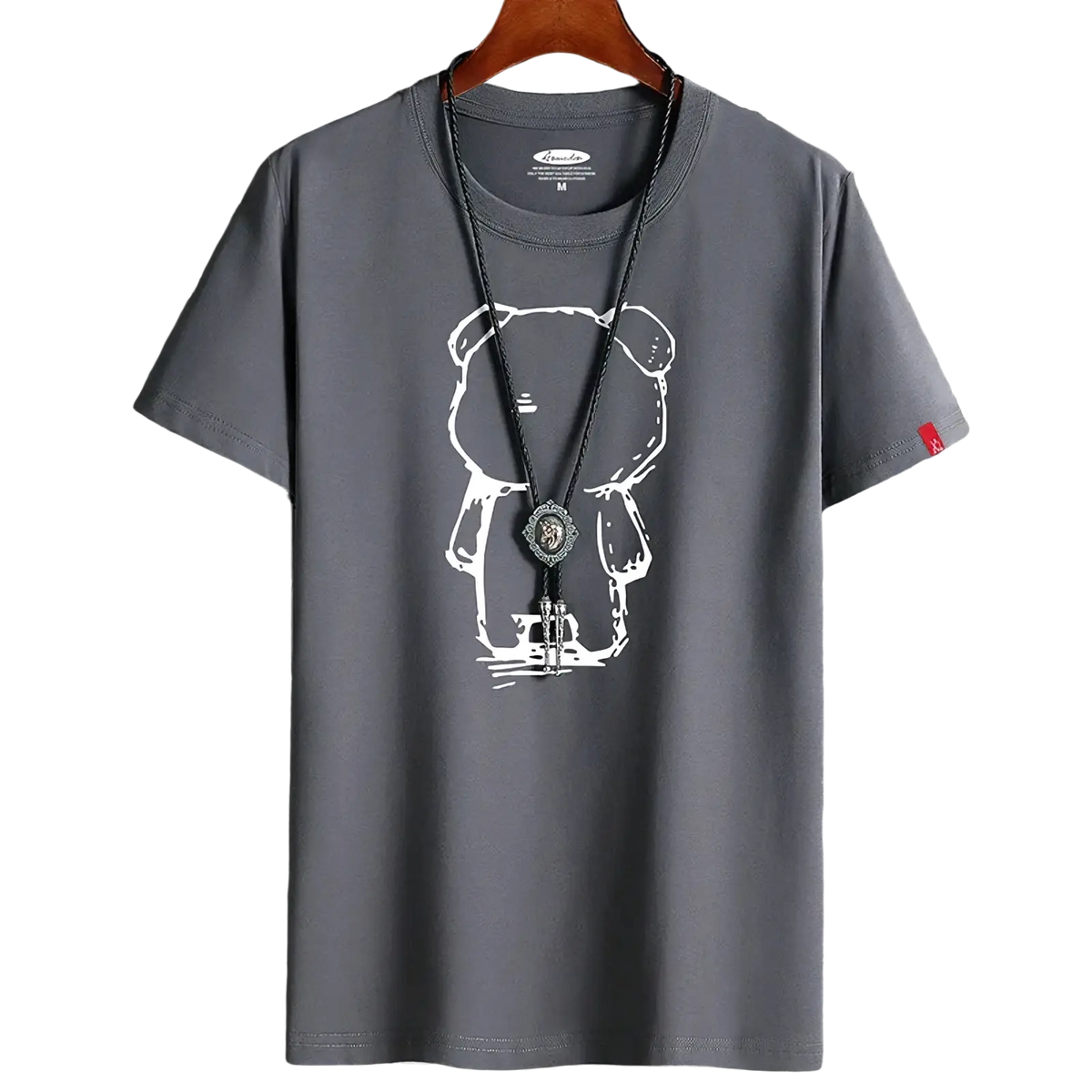 Gray oversized cotton t-shirt featuring a white line-art anime bear graphic holding an object and a red sleeve tag