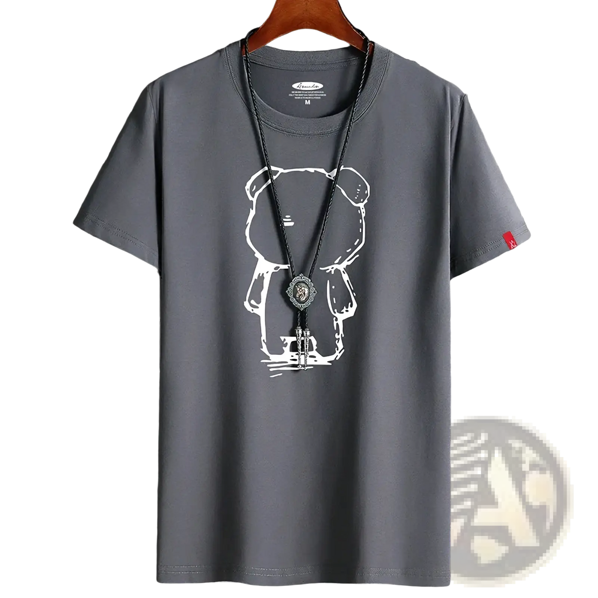 Gray oversized anime bear graphic men cotton t-shirt featuring a white line-art cartoon bear holding an object