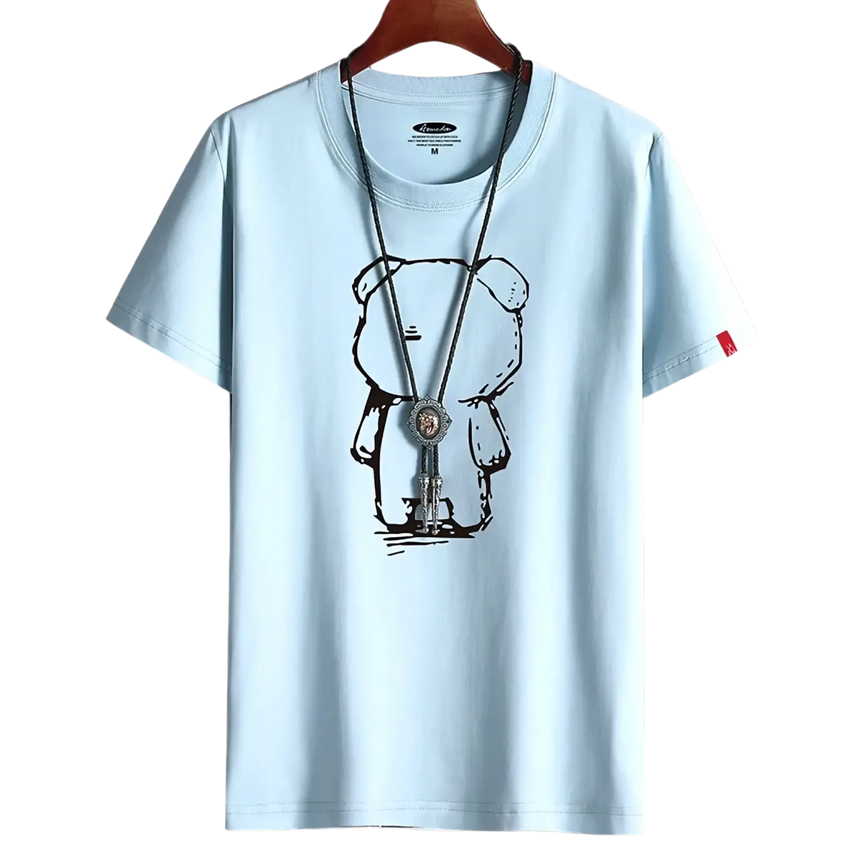 Light blue oversized cotton t-shirt featuring a black line-art cartoon bear holding a bolo tie graphic
