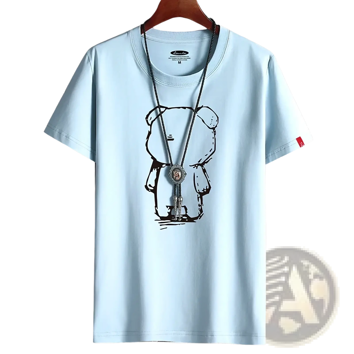 Light blue oversized cotton t-shirt with black line-art cartoon bear holding a bolo tie anime graphic for men