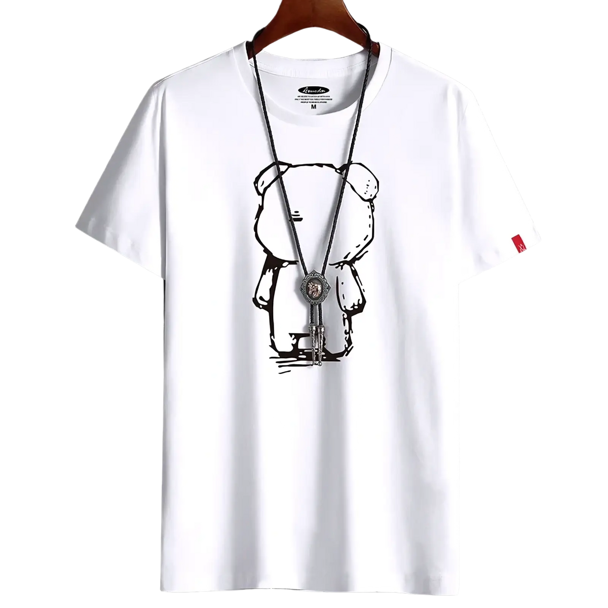 White cotton oversized men t-shirt featuring a black line-art anime bear graphic on the front