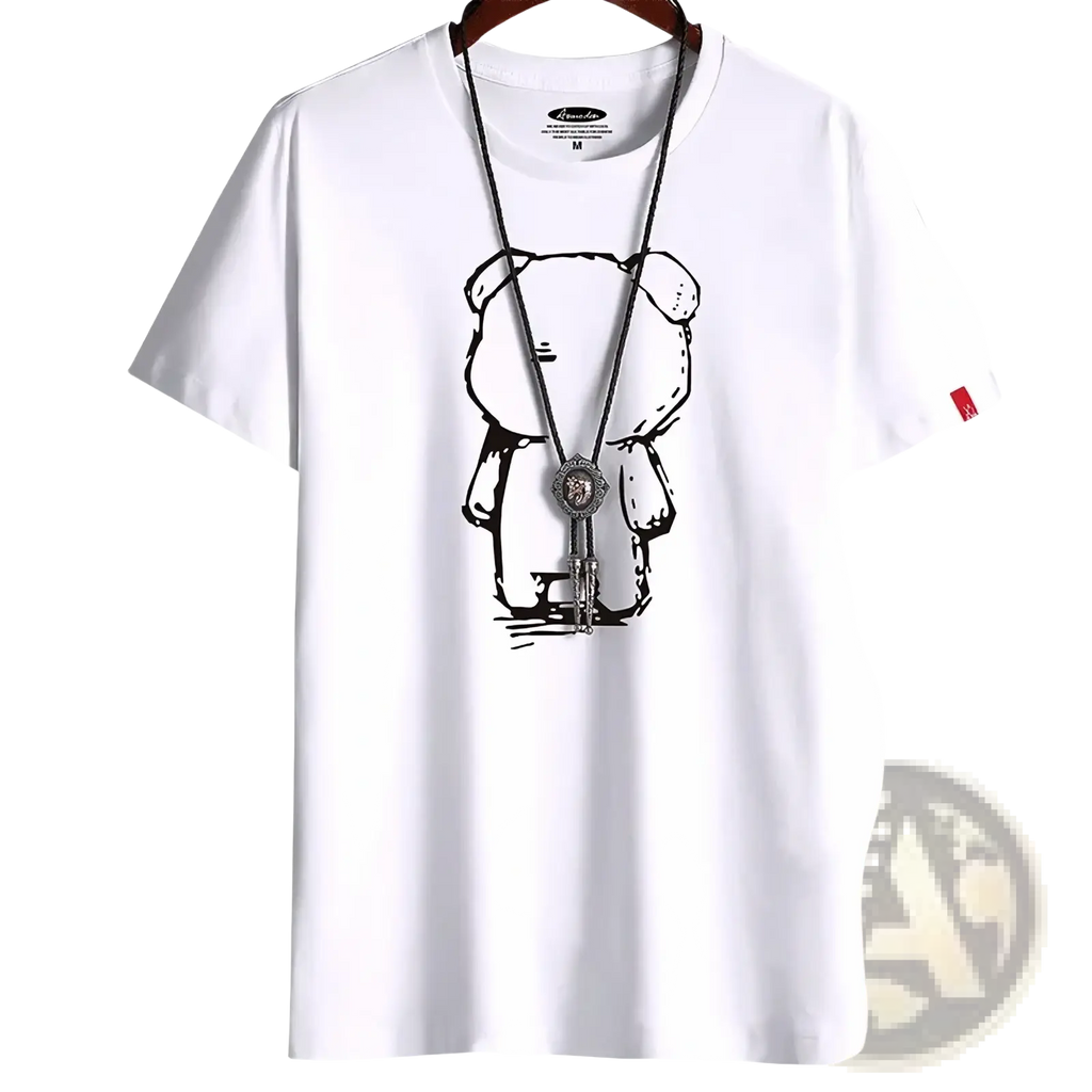 White oversized cotton t-shirt featuring a black line-art anime bear graphic holding a bolo tie for men