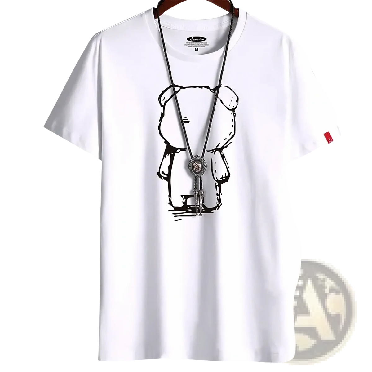 White oversized cotton t-shirt featuring a black line-art anime bear graphic holding a bolo tie for men