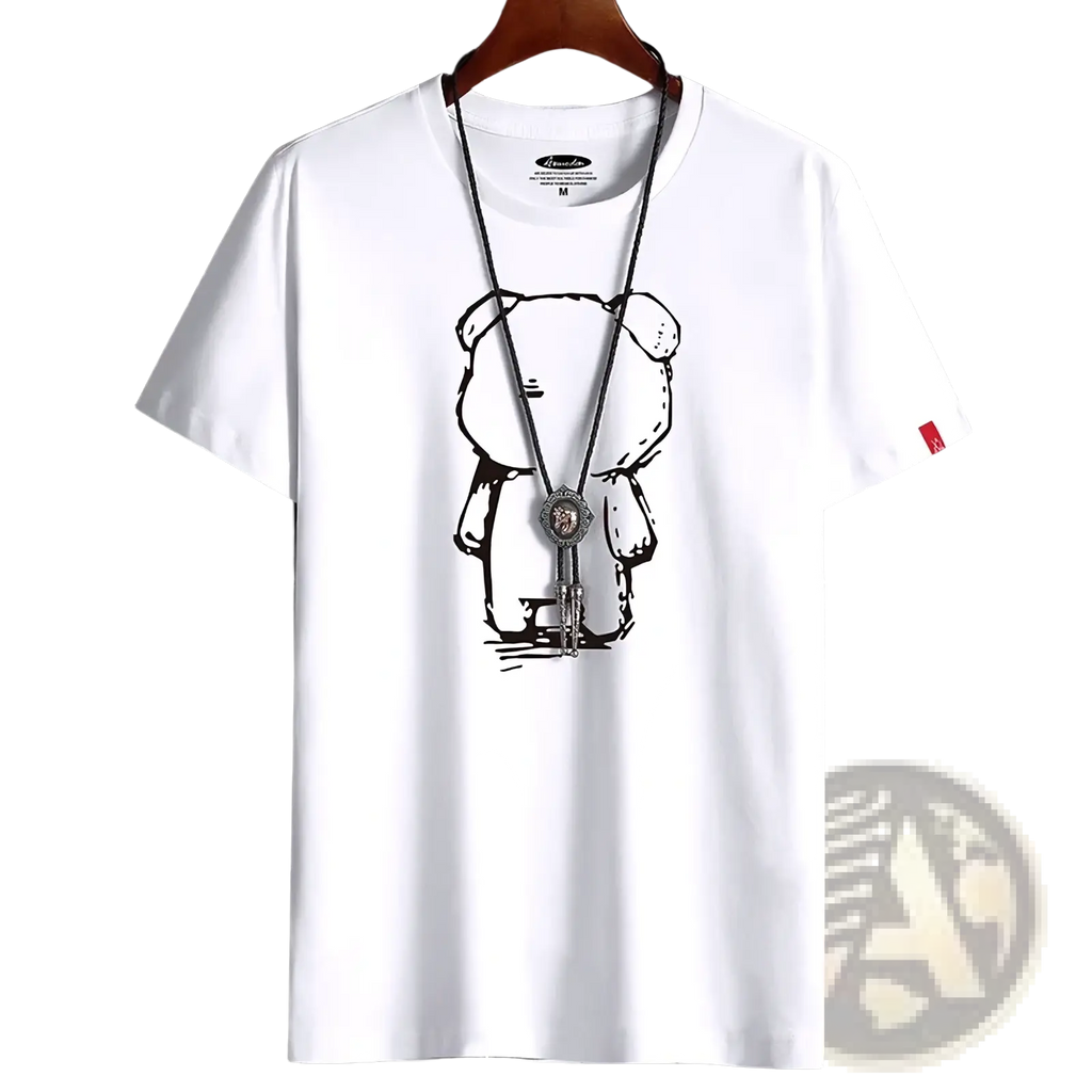 White oversized cotton t-shirt featuring a black line-art graphic of a cartoon bear for men