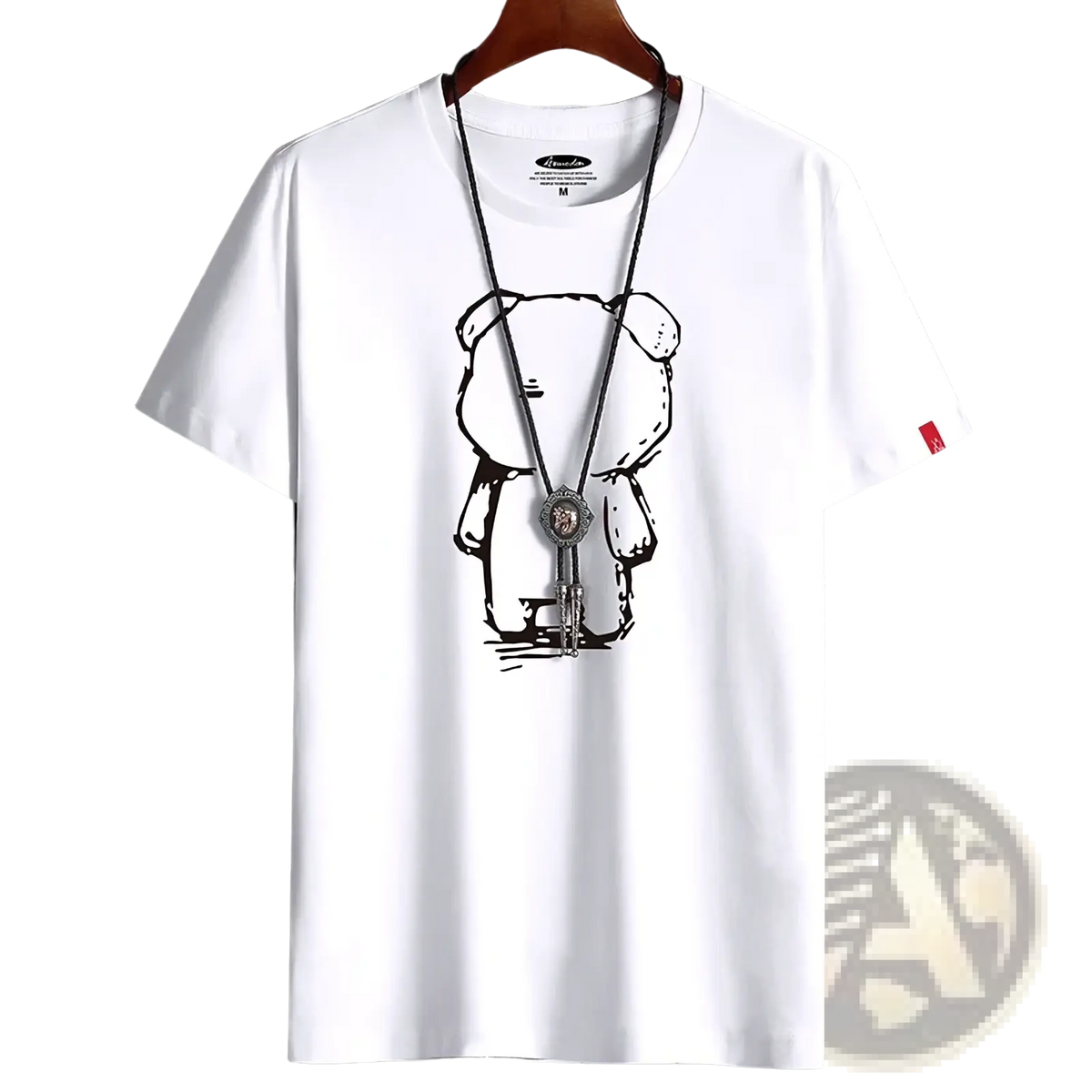 White cotton oversized men t-shirt featuring a black line-art anime bear graphic on the front