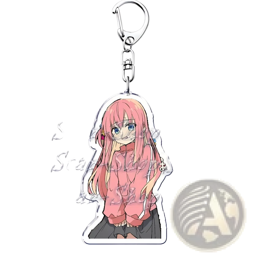 Pink-haired anime character keychain with clear acrylic body and silver metal clasp from bocchi the rock collection