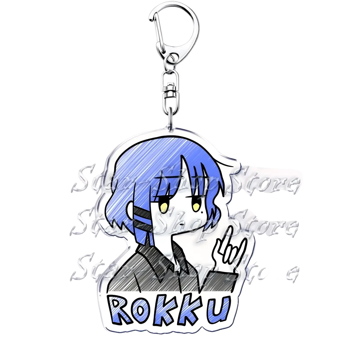 Anime character acrylic keychain with blue hair and silver metal clip featuring rokku text from Bocchi the Rock