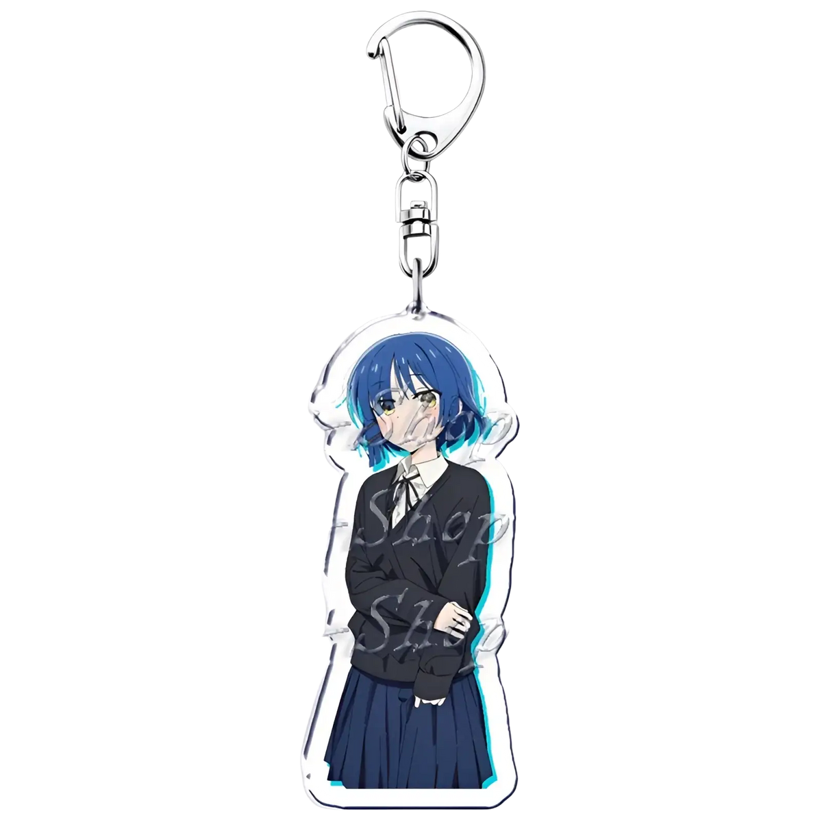Blue-haired anime character acrylic keychain from Bocchi the Rock with clear acrylic body and silver metal clasp