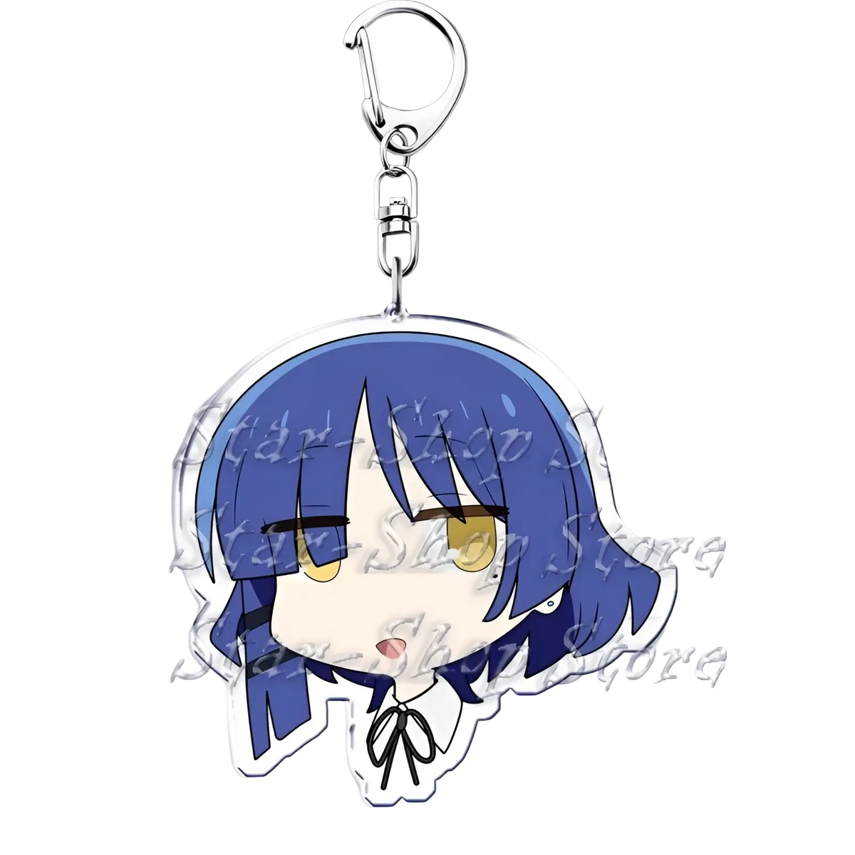 Anime character acrylic keychain bocchi the rock featuring blue hair yellow eyes and white collar made of clear acrylic
