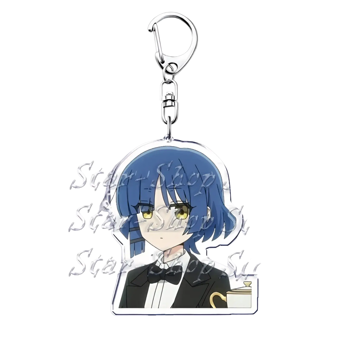 Blue-haired anime character acrylic keychain with yellow eyes wearing black tuxedo from bocchi the rock