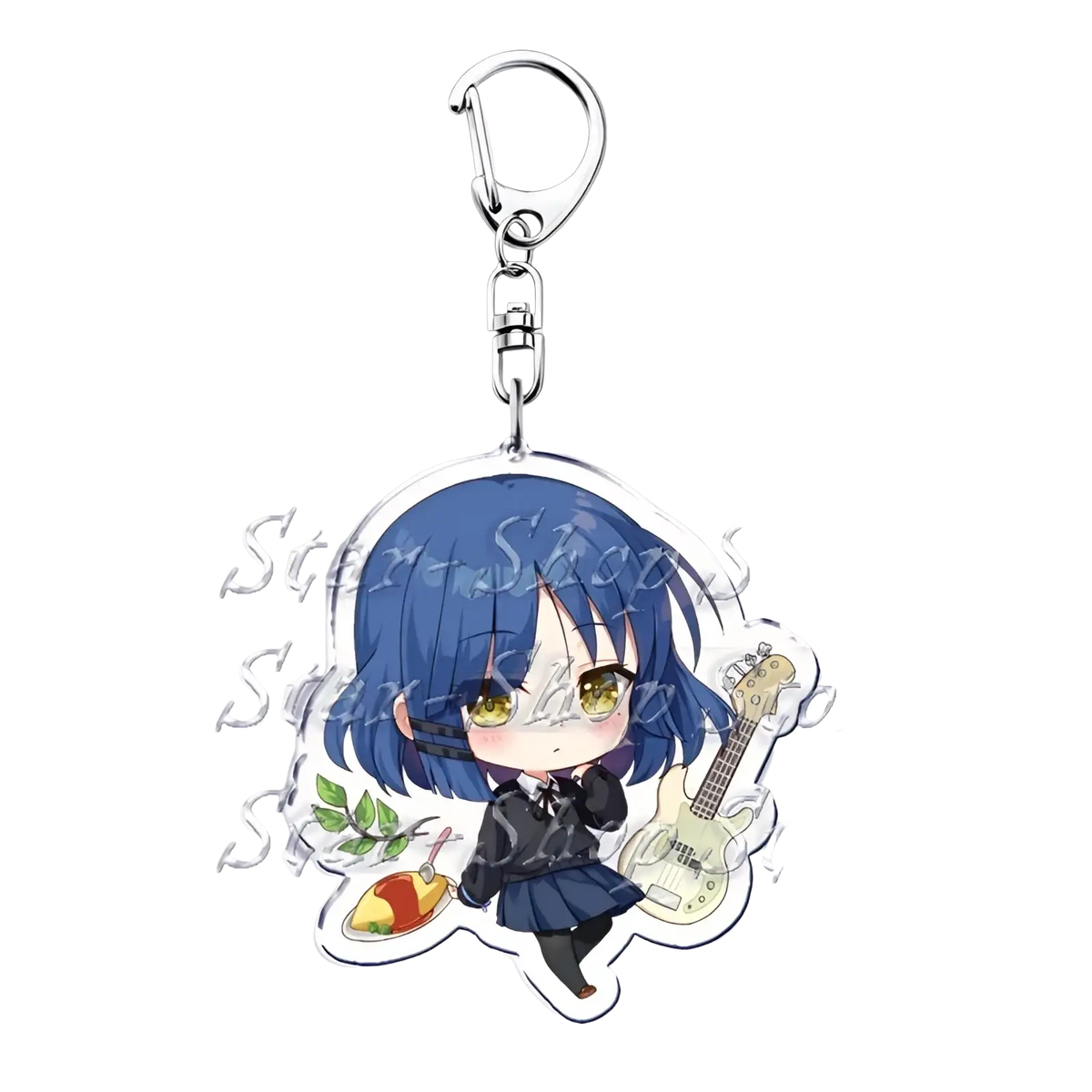 Blue-haired chibi anime character acrylic keychain with white guitar and food plate from Bocchi the Rock