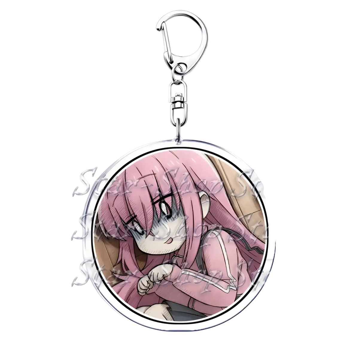 Circular acrylic keychain featuring a printed anime character bocchi the rock with long pink hair and silver metal clasp