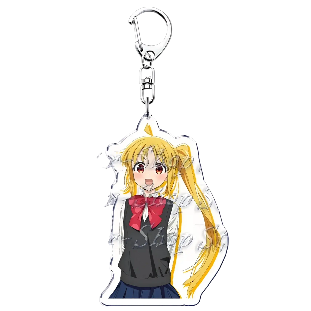 Clear acrylic keychain featuring anime character bocchi the rock with long blonde pigtails in black uniform top and red bow tie