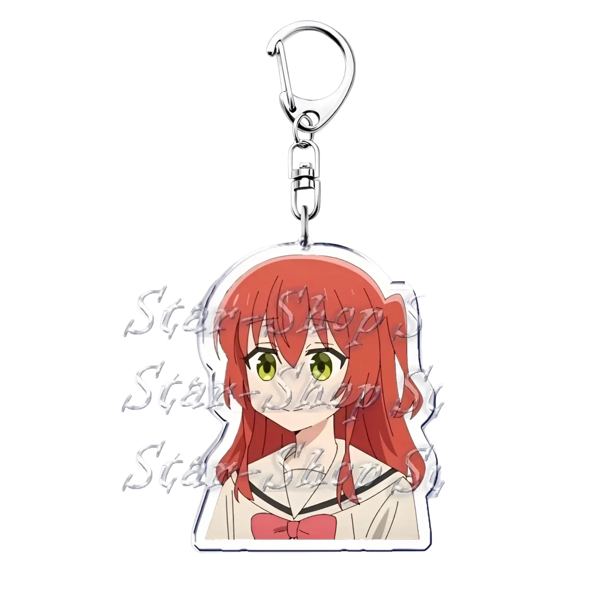 Clear acrylic keychain featuring anime character bocchi the rock with vibrant red hair and green eyes in white uniform