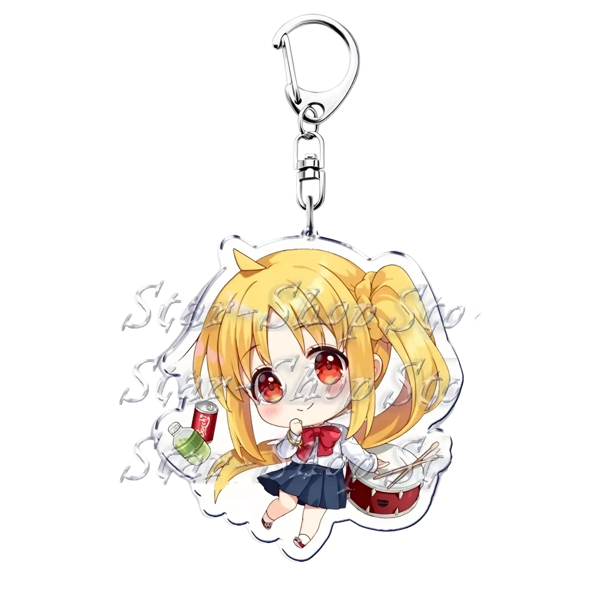 Clear acrylic keychain featuring chibi anime girl with blonde hair red eyes holding drumsticks from bocchi the rock