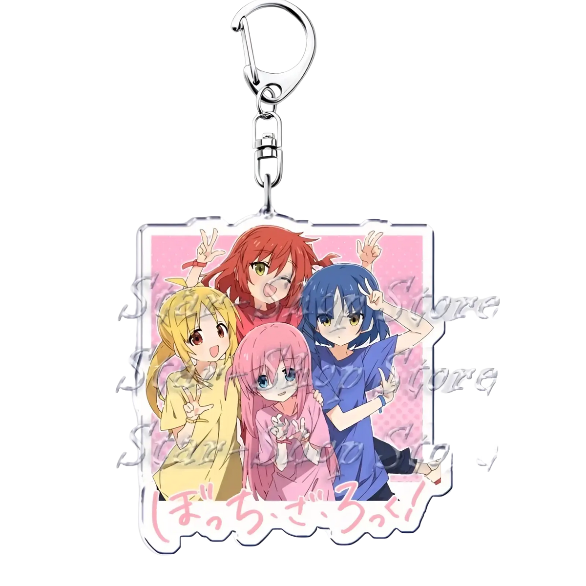 Clear acrylic anime character keychain featuring four colorful characters from Bocchi the Rock against pink background