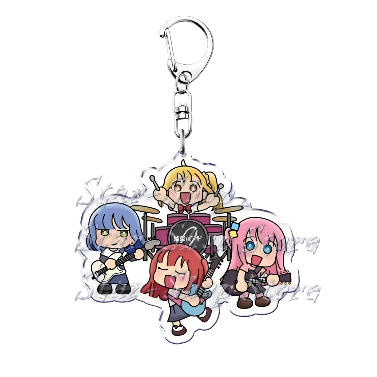 Clear acrylic anime character keychain featuring four vibrant hair girls in band formation from Bocchi the Rock