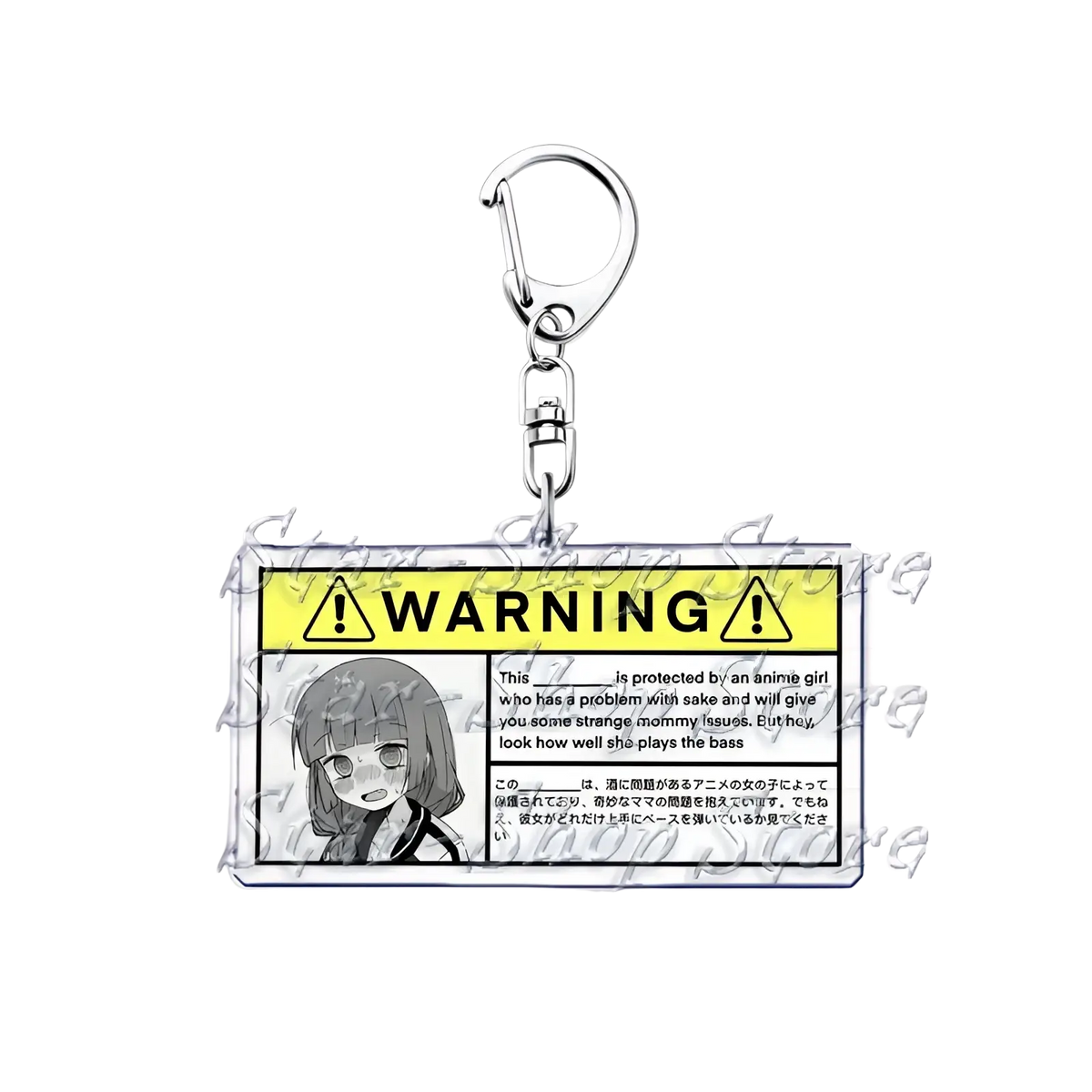 Clear acrylic anime character keychain bocchi the rock with silver metal clasp and bilingual warning label design