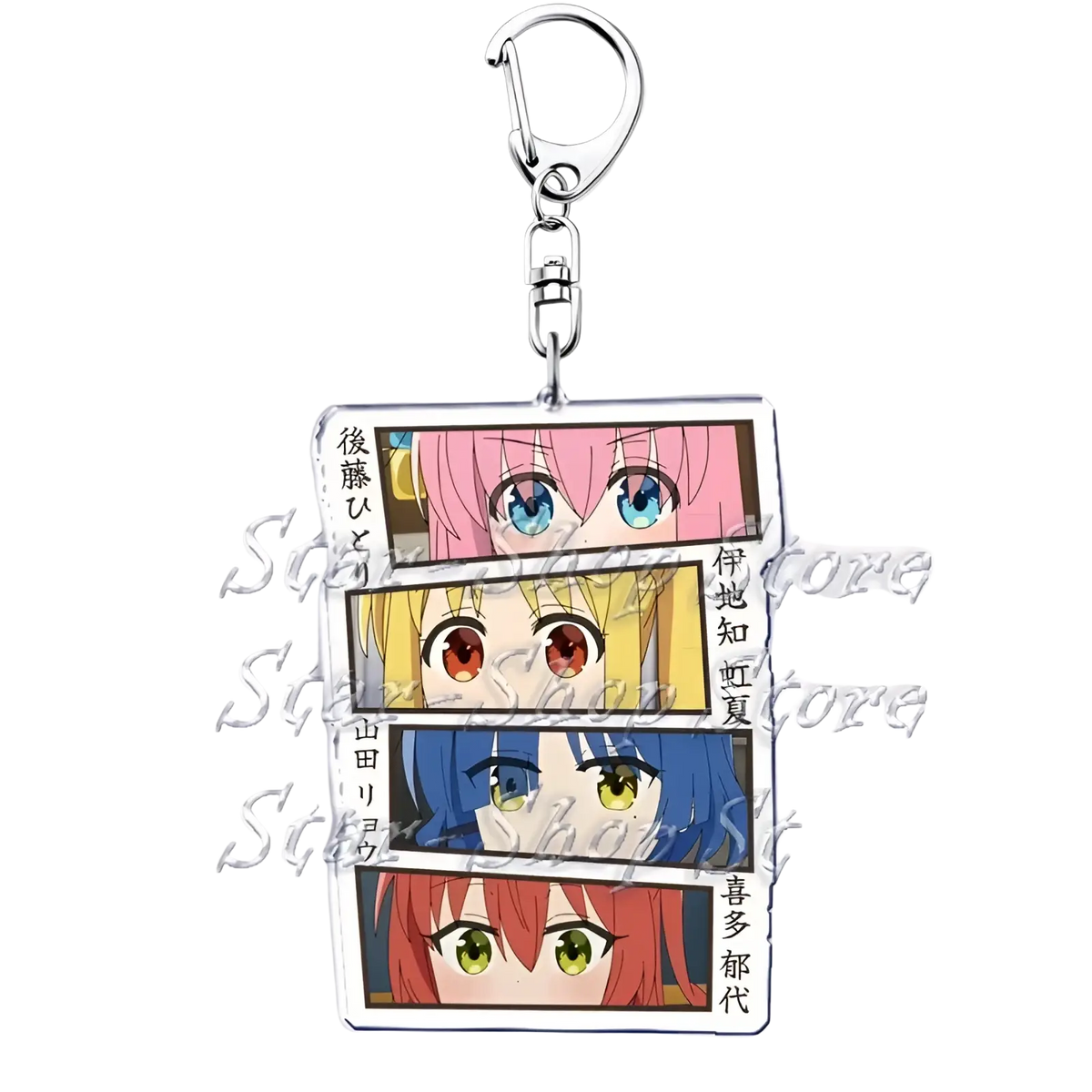 Clear acrylic anime character keychain from Bocchi the Rock featuring four faces with distinct colored hair and eyes