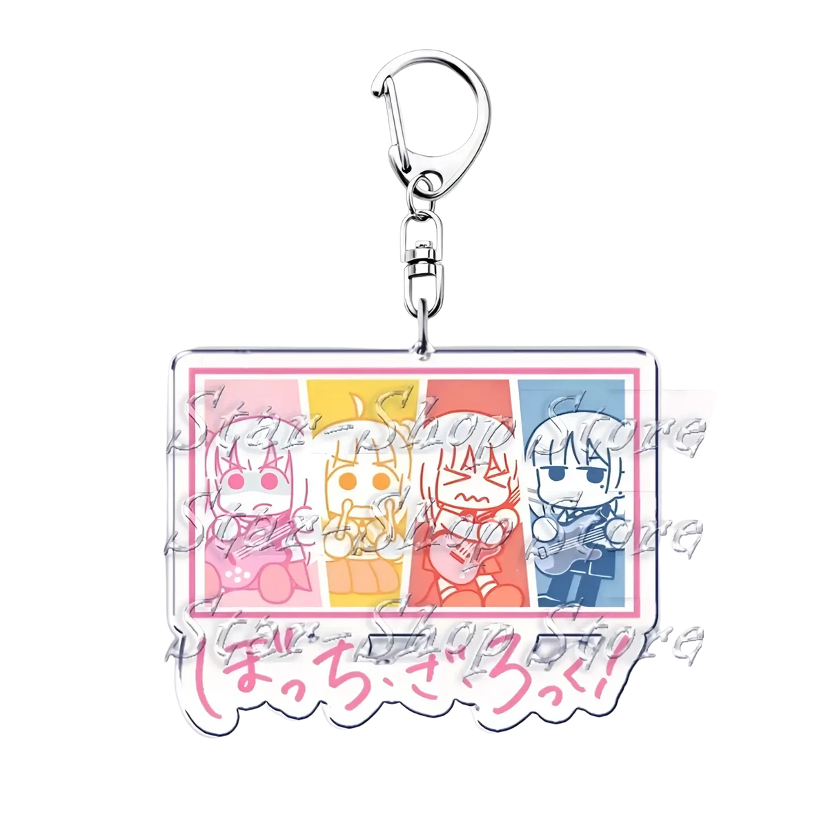 Clear acrylic anime character keychain Bocchi the Rock featuring four chibi colorful panels with silver metal clasp