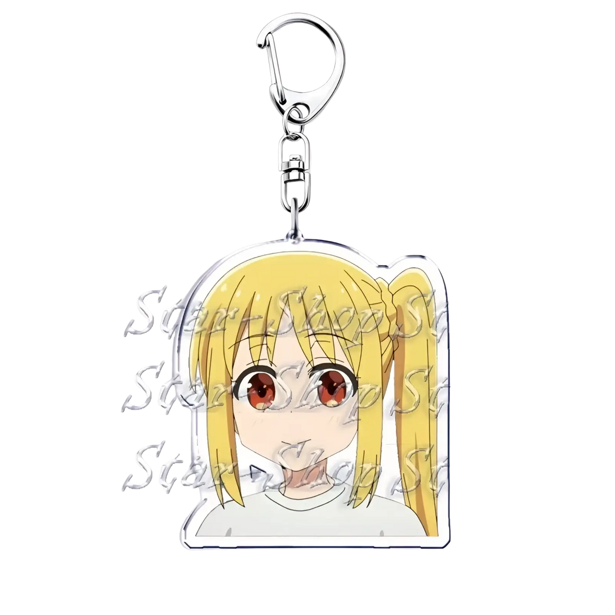 Clear acrylic anime character keychain featuring blonde pigtails and red eyes from bocchi the rock
