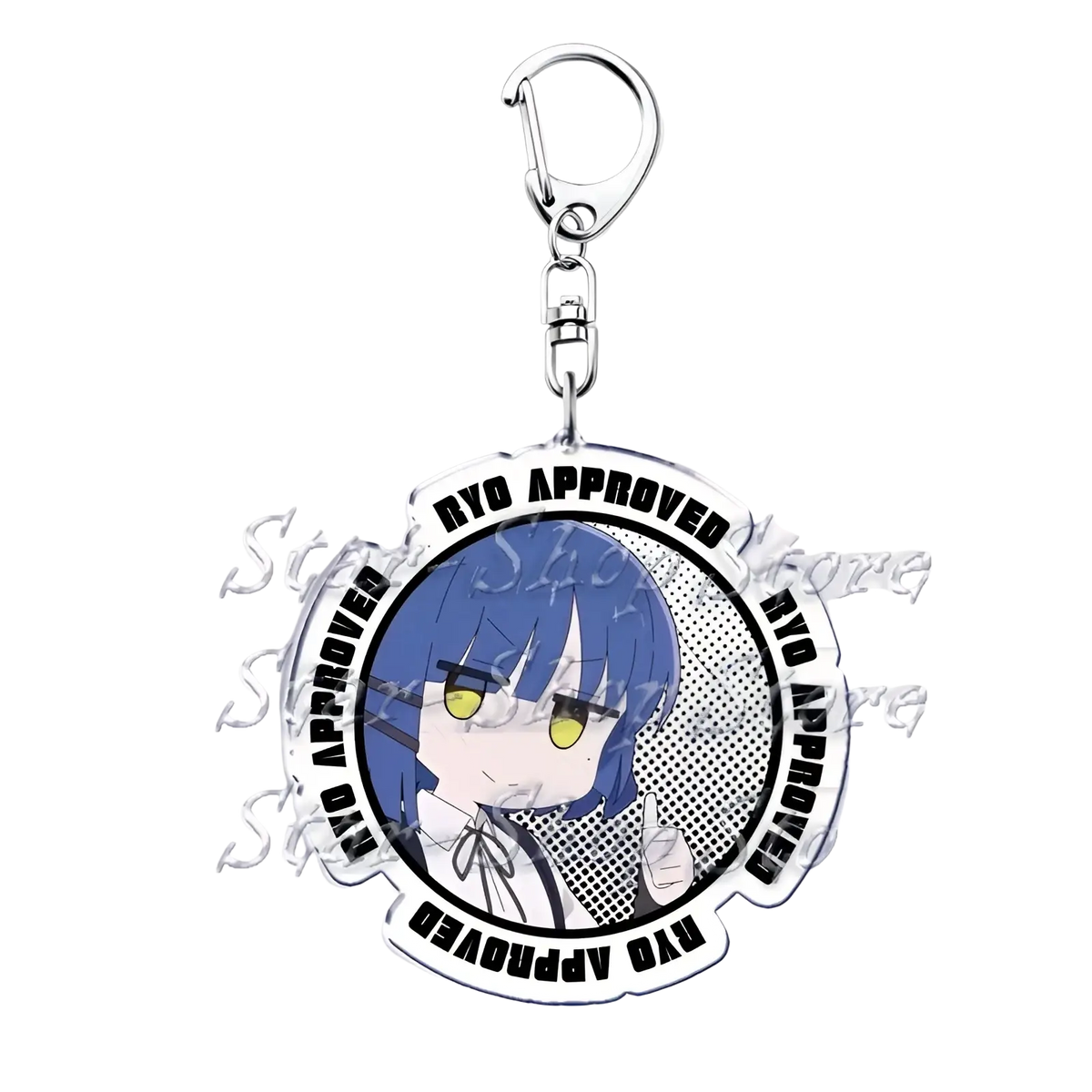 Clear acrylic keychain featuring a chibi anime character with blue hair and yellow eyes from Bocchi the Rock