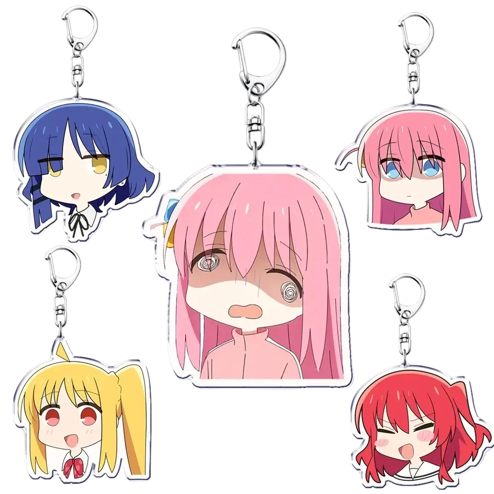 Clear acrylic anime character keychains featuring chibi bocchi the rock with colorful hair and silver metal clips