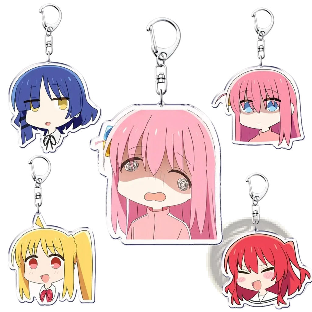 Clear acrylic anime character keychains featuring chibi bocchi the rock with colorful hair and silver metal clips