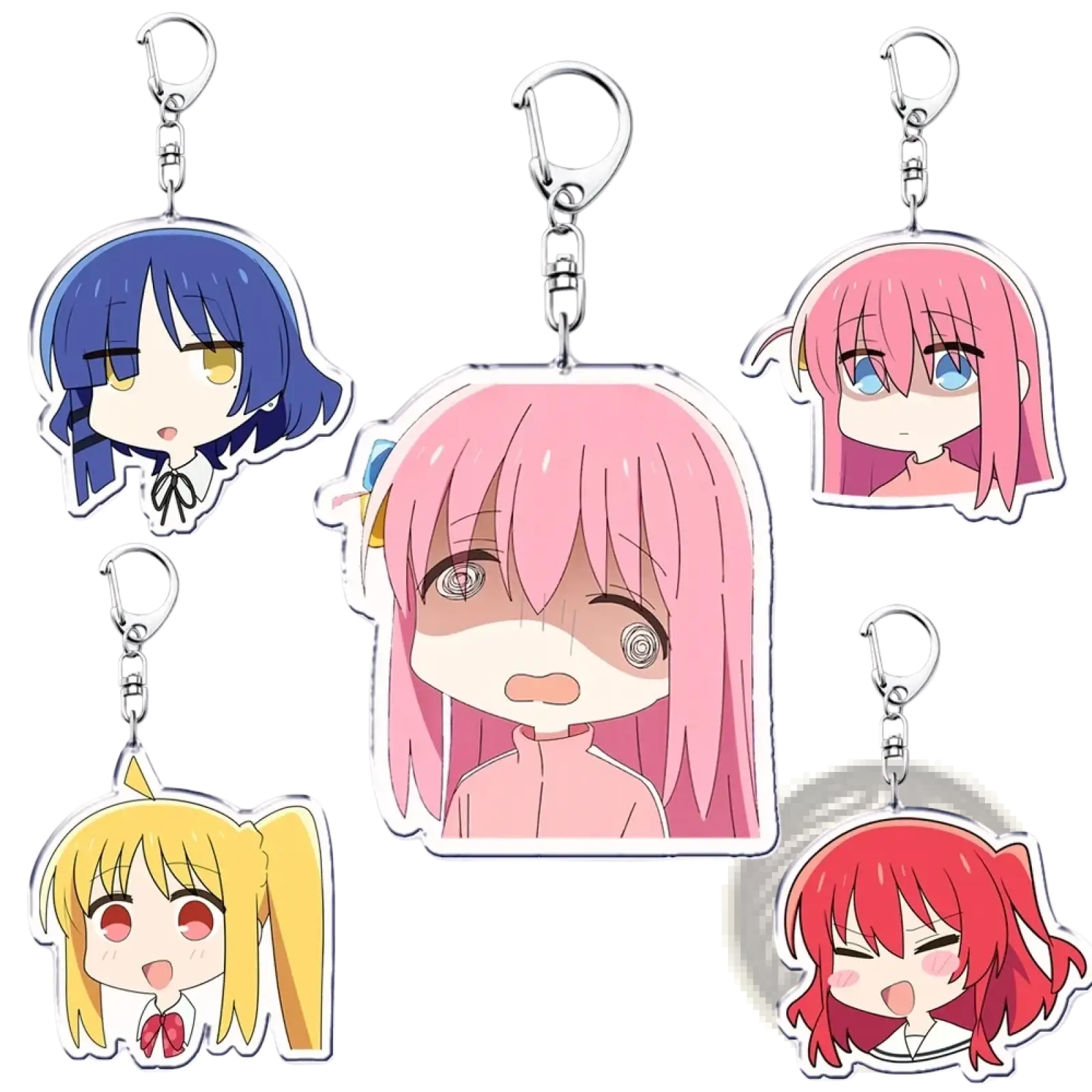 Clear acrylic anime character keychains featuring chibi bocchi the rock with colorful hair and silver metal clips