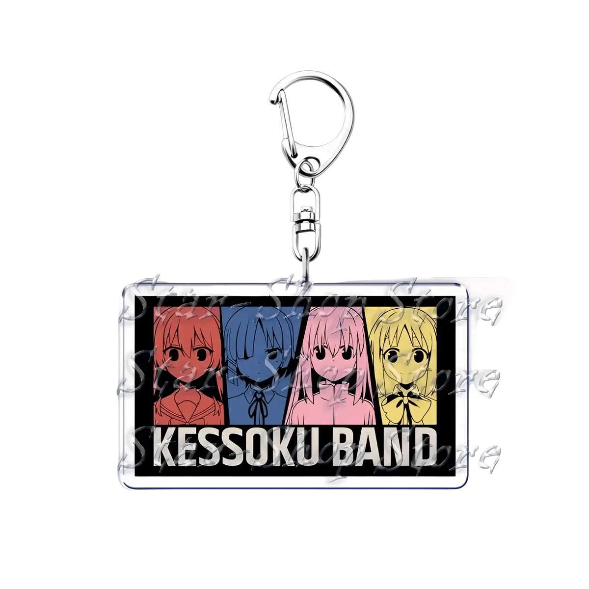 Clear acrylic rectangular anime character keychain featuring four kessoku band members in colored panels with silver clasp