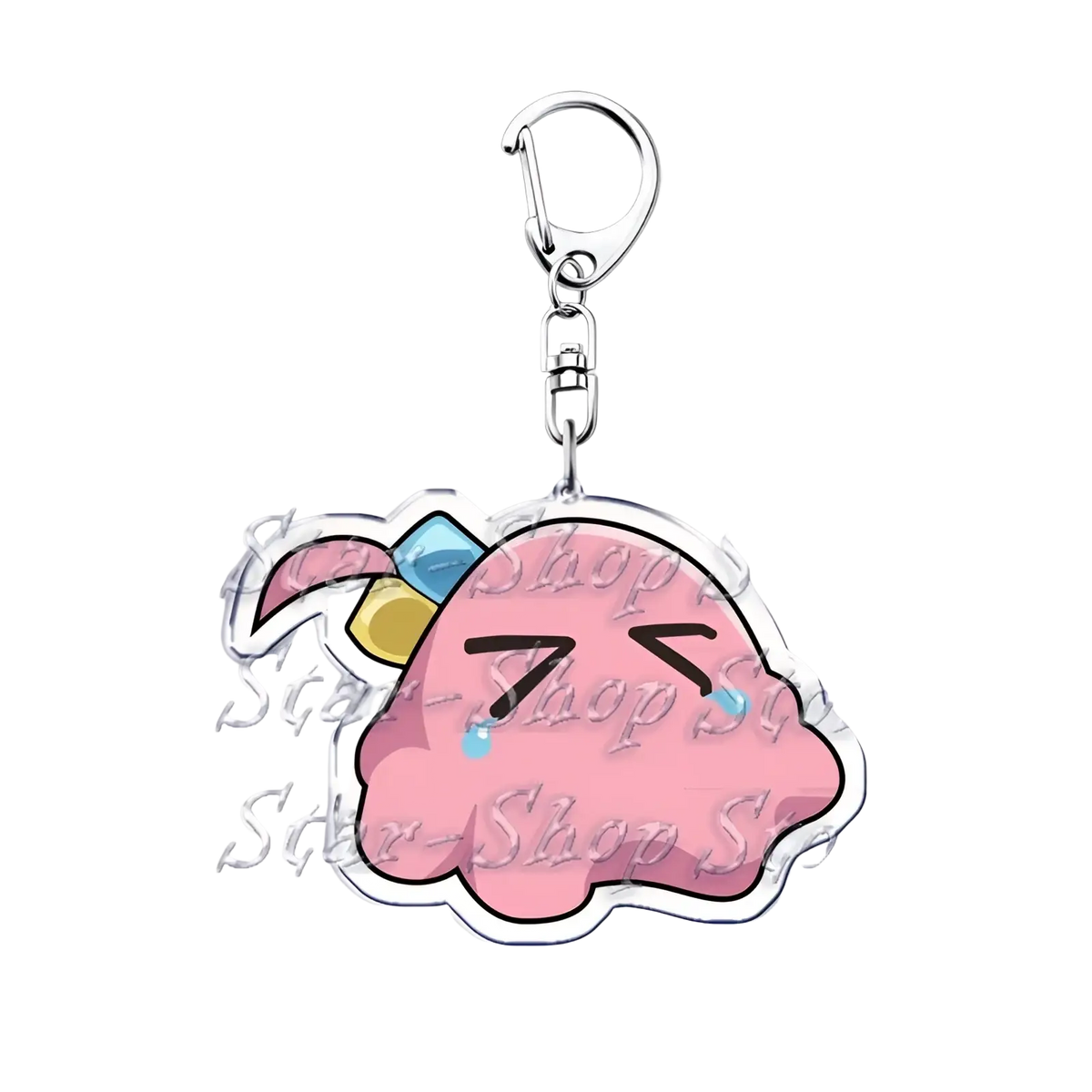 Pink cloud-shaped acrylic keychain featuring bocchi the rock anime character with closed eyes and colorful bow on head