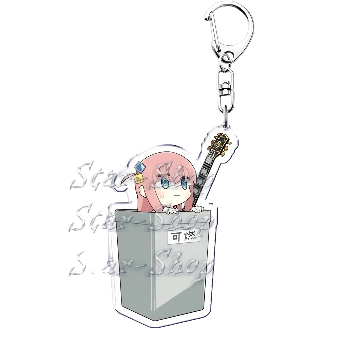 Pink-haired anime character acrylic keychain with blue eyes holding a guitar inside gray trash can from Bocchi the Rock
