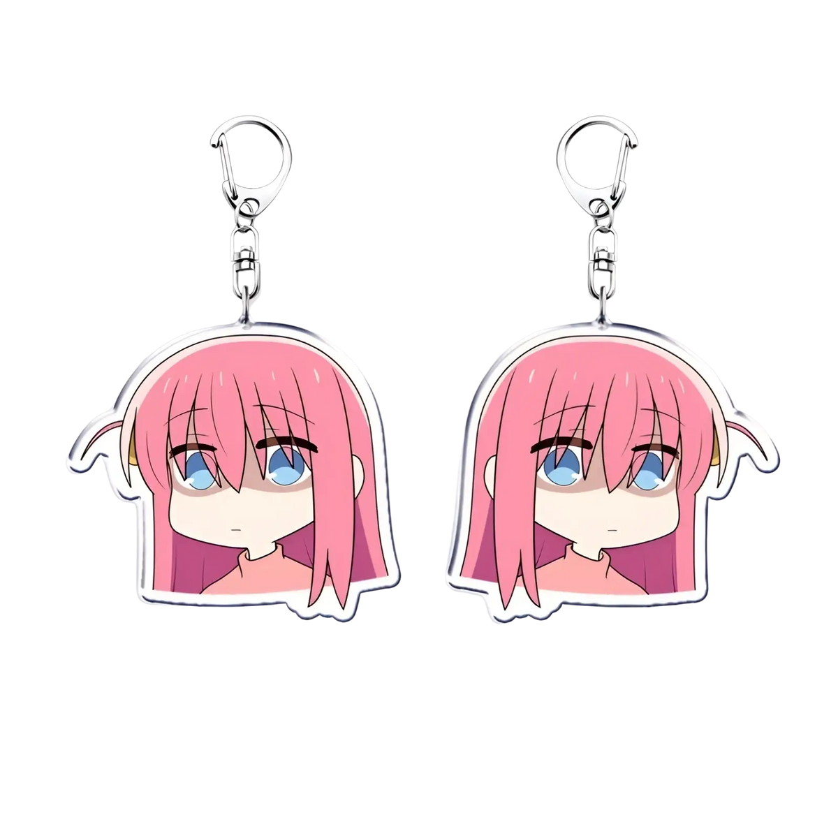 Anime character acrylic keychain featuring a pink-haired bocchi the rock character with blue eyes and white outline